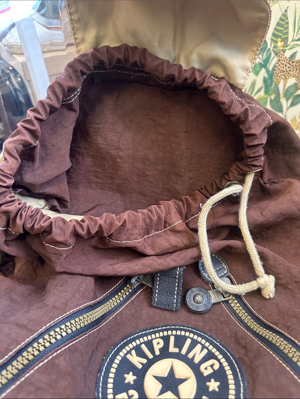 Kipling medium Brown Drawstring Backpack with Front Patch - Picture 8 of 10